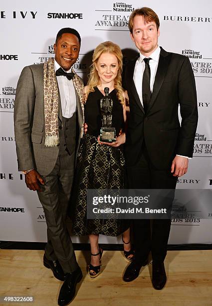 Cast members Matt Henry, Amy Lennox and Killian Donnelly, accepting the Evening Standard Radio 2 Audience Award for Best Musical Newcomer In A...