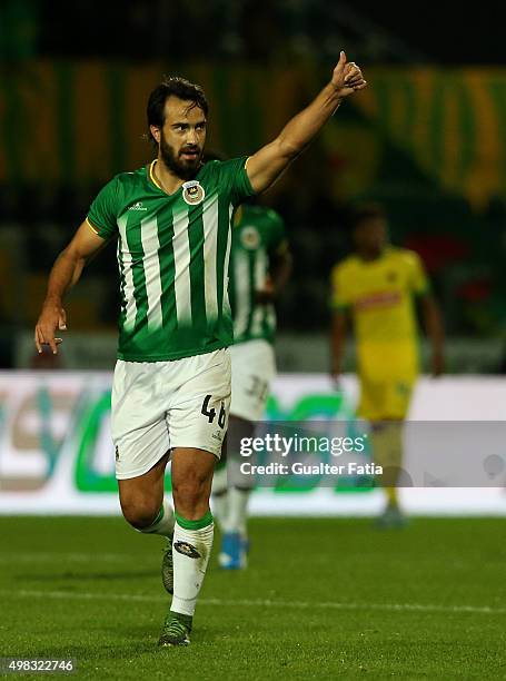 Rio Ave FC's defender Marcelo celebrates after scoring a goal during the Taca de Portugal match between FC Pacos de Ferreira and Rio Ave FC at...