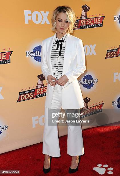 Actress Kaley Cuoco attends the All-Star Dog Rescue Celebration at Barker Hangar on November 21, 2015 in Santa Monica, California.