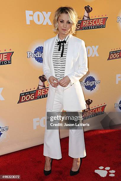 Actress Kaley Cuoco attends the All-Star Dog Rescue Celebration at Barker Hangar on November 21, 2015 in Santa Monica, California.