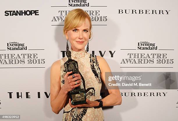 Nicole Kidman, winner of Best Actress for "Photograph 51", poses in front of the Winners Boards at The London Evening Standard Theatre Awards in...