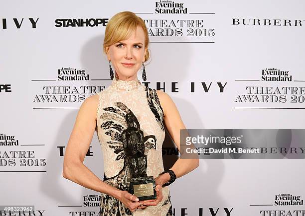 Nicole Kidman, winner of Best Actress for "Photograph 51", poses in front of the Winners Boards at The London Evening Standard Theatre Awards in...