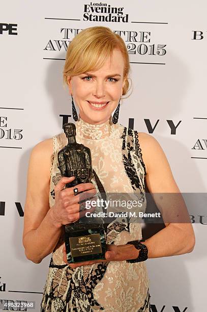 Nicole Kidman, winner of Best Actress for "Photograph 51", poses in front of the Winners Boards at The London Evening Standard Theatre Awards in...