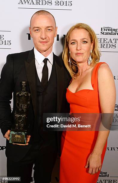 James McAvoy, winner of Best Actor for "The Ruling Class", and Gillian Anderson pose in front of the Winners Boards at The London Evening Standard...