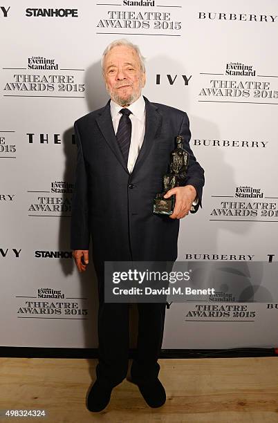 Stephen Sondheim, winner of the Lebedev Award, poses in front of the Winners Boards at The London Evening Standard Theatre Awards in partnership with...