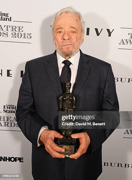 Stephen Sondheim, winner of the Lebedev Award, poses in front of the Winners Boards at The London Evening Standard Theatre Awards in partnership with...