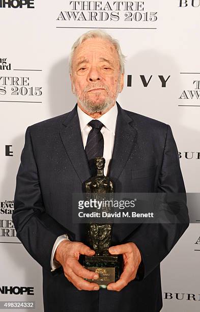 Stephen Sondheim, winner of the Lebedev Award, poses in front of the Winners Boards at The London Evening Standard Theatre Awards in partnership with...