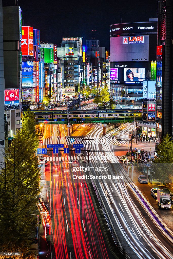 Tokyo Shinjuku at night with traffic lights