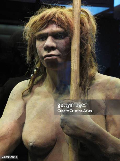 Reproduction of a Neanderthal woman of Sidon Cave in Asturias, rooms of prehistory at the National Archaeological Museum in Madrid, Spain.