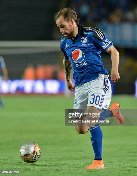 Federico Insua of Millonarios drives the ball during a match between Millonarios and Independiente Santa Fe as part of round 20 of Liga Aguila II...