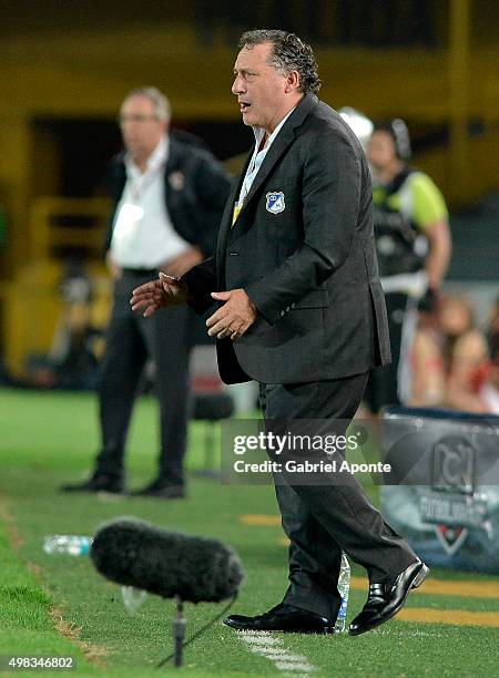 Ruben Israel coach of Millonarios gestures during a match between Millonarios and Independiente Santa Fe as part of round 20 of Liga Aguila II 2015...
