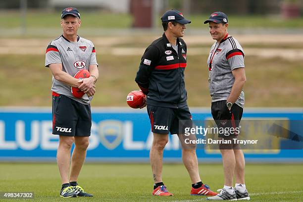 Essendon assistant coaches Guy Mckenna and Mark Harvey are seen with senior coach John Worsfold during an Essendon Bombers AFL pre-season training...