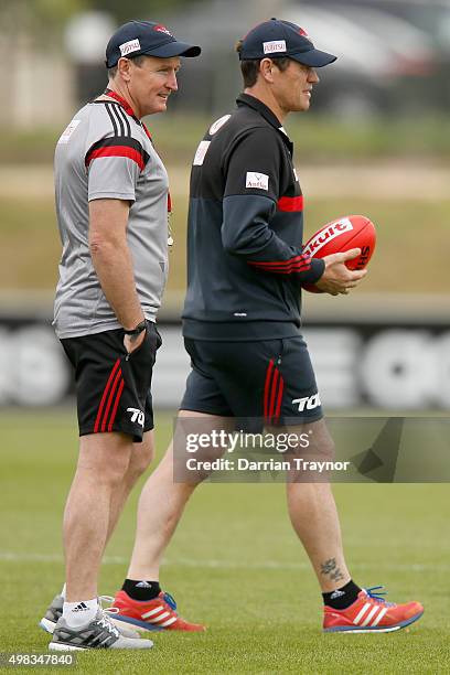 Essendon senior coach John Worsfold and assistant coach Mark Harvey are seen during an Essendon Bombers AFL pre-season training session at True Value...