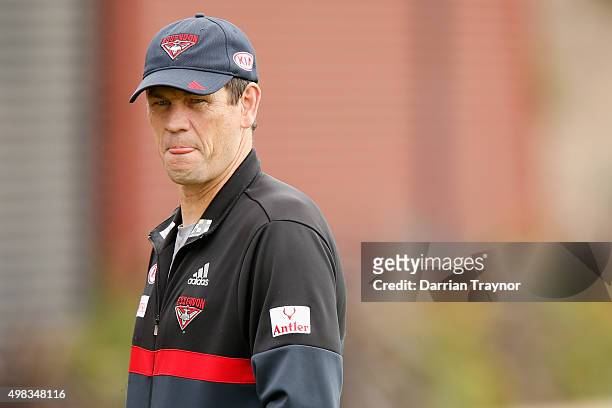 Essendon assistant coach Mark Harvey look on during an Essendon Bombers AFL pre-season training session at True Value Solar Centre on November 23,...