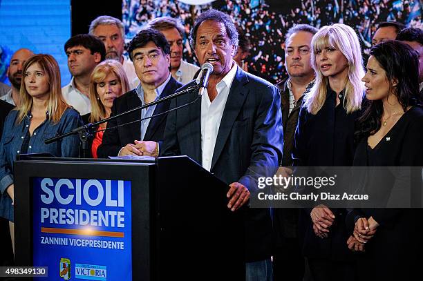 Daniel Scioli Presidential Candidate for Frente Para La Victoria gives a speech after runoff elections at Frente Para La Victoria Bunker on November...