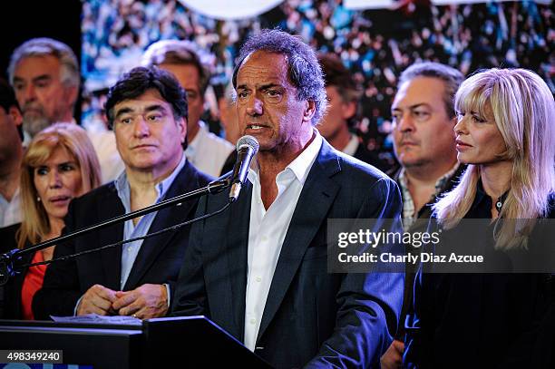 Daniel Scioli Presidential Candidate for Frente Para La Victoria gives a speech after runoff elections at Frente Para La Victoria Bunker on November...