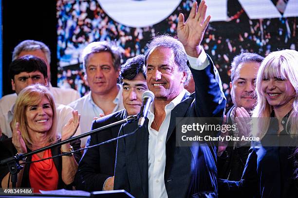 Daniel Scioli Presidential Candidate for Frente Para La Victoria greets the audience after runoff elections at Frente Para La Victoria Bunker on...