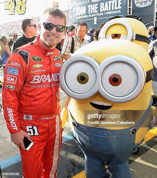 Justin Allgaier and the Minion Bob at NASCAR Ford Championship Weekend in celebration of Minions on digital HD on November 24 and Blu-ray & DVD on...