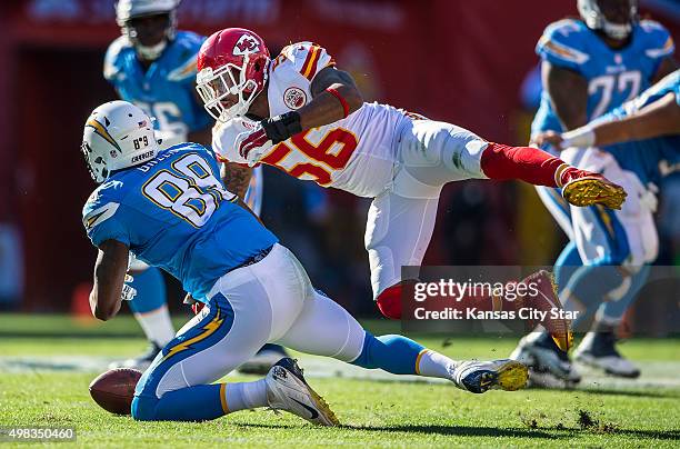 Kansas City Chiefs inside linebacker Derrick Johnson breaks up a pass intended for San Diego Chargers tight end Ladarius Green during the second...