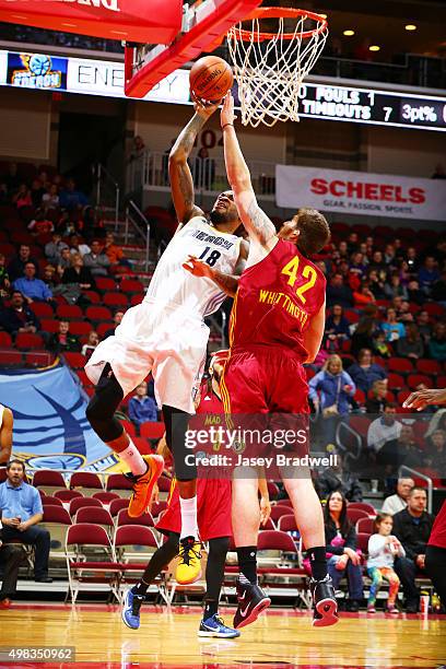 Perry Jones III of the Iowa Energy goes for a layup against Shayne Whittington of the Fort Wayne Mad Ants in an NBA D-League game on November 22,...