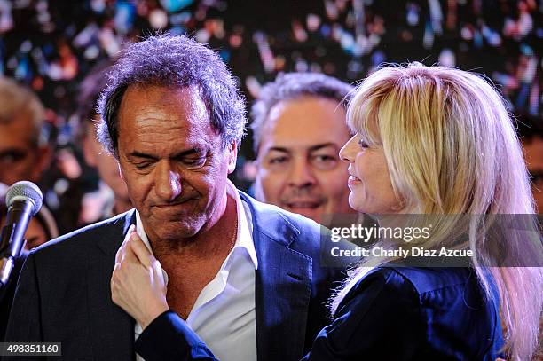 Daniel Scioli Presidential Candidate for Frente Para La Victoria looks dejected after runoff elections at Frente Para La Victoria Bunker on November...