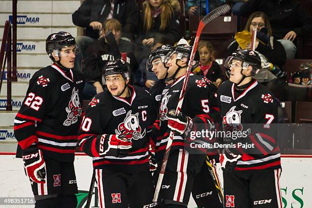 Forward Anthony DiFruscia of the Niagara Ice Dogs celebrates a goal against the Windsor Spitfires on November 22, 2015 at the WFCU Centre in Windsor,...