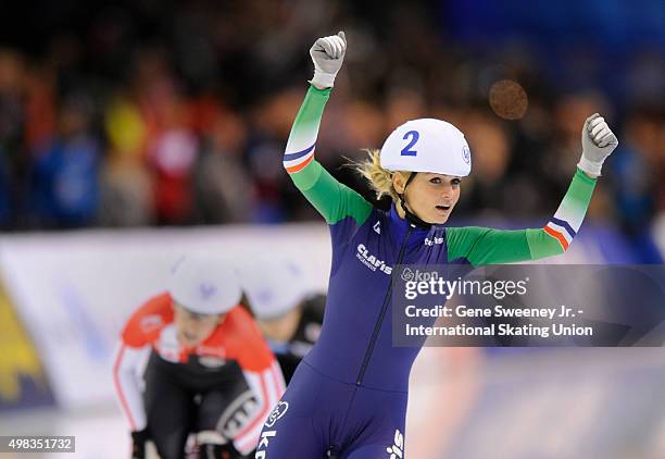 Irene Schouten of the Netherlands celebrates her win in the Ladies Mass Start event on day three of the ISU World Cup Speed Skating Salt Lake City...