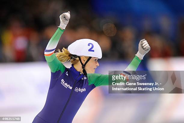 Irene Schouten of the Netherlands celebrates her win in the Ladies Mass Start event on day three of the ISU World Cup Speed Skating Salt Lake City...