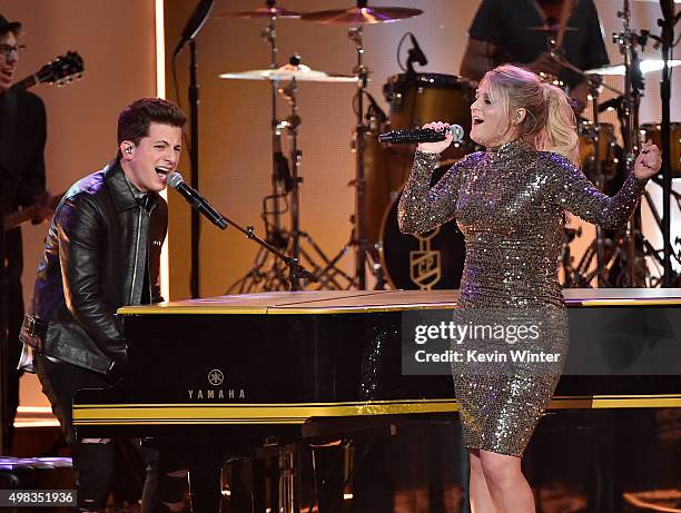 Singers Charlie Puth and Meghan Trainor perform onstage during the 2015 American Music Awards at Microsoft Theater on November 22, 2015 in Los...