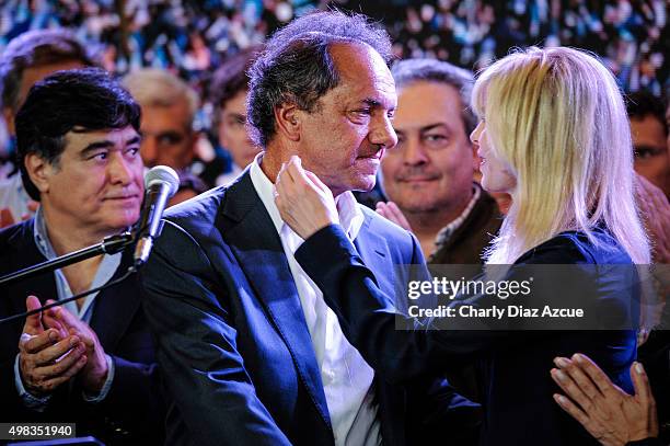 Daniel Scioli Presidential Candidate for Frente Para La Victoria greets his wife Karina Rabolini after runoff elections at Frente Para La Victoria...