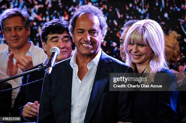 Daniel Scioli Presidential Candidate for Frente Para La Victoria smiles after runoff elections at Frente Para La Victoria Bunker on November 22, 2015...