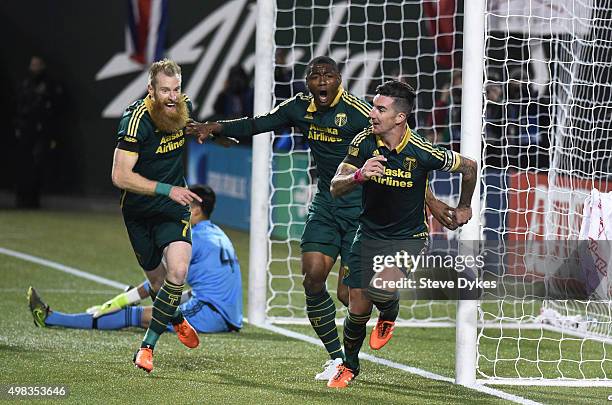 Liam Ridgewell of Portland Timbers celebrates after scoring a goal during the first half of the match against the FC Dallas at Providence Park on...