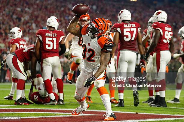 Running back Jeremy Hill of the Cincinnati Bengals celebrates after scoring on a two yard rushing touchdown against the Arizona Cardinals during the...