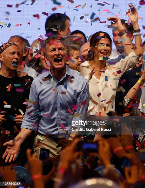 Mauricio Macri Presidential Candidate for Cambiemos celebrates after runoff elections at Cambiemos Bunker on November 22, 2015 in Buenos Aires,...