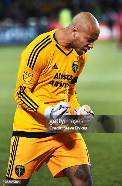 Adam Kwarasey of Portland Timbers celebrates after one of his teammates scored a goal during the second half of the match against the FC Dallas at...