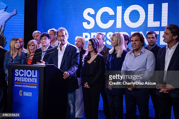 Daniel Scioli Presidential Candidate for Frente Para La Victoria gives a speech after runoff elections at Frente Para La Victoria Bunker on November...
