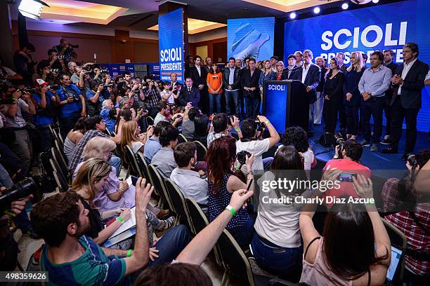 Daniel Scioli Presidential Candidate for Frente Para La Victoria gives a speech after runoff elections at Frente Para La Victoria Bunker on November...