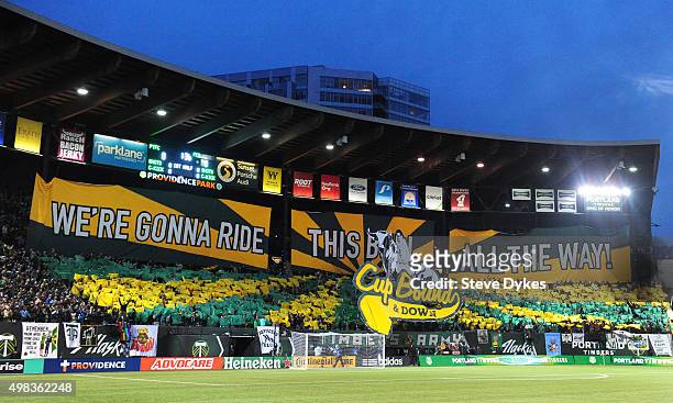 The 'Timbers Army' , the Portland Timbers fans, display a 'TIFO' before the match against the FC Dallas at Providence Park on November 22, 2015 in...