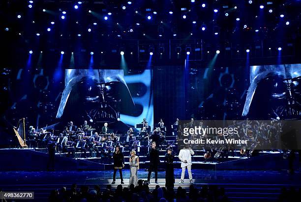 Singers Avi Kaplan, Kirstie Maldonado, Scott Hoying, Mitch Grassi, and Kevin Olusola of Pentatonix perform onstage during the 2015 American Music...
