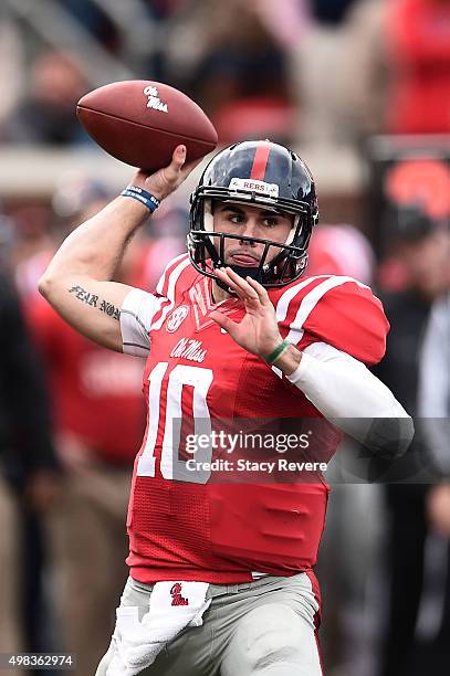 Chad Kelly of the Mississippi Rebels looks to pass during a game against the LSU Tigers at Vaught-Hemingway Stadium on November 21, 2015 in Oxford,...