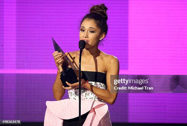 Ariana Grande speaks onstage at the 2015 American Music Awards at Microsoft Theater on November 22, 2015 in Los Angeles, California.
