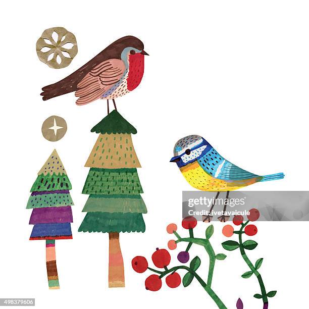 robin and bluetit on christmas trees and cranberry plants - bird pencil drawings stock illustrations