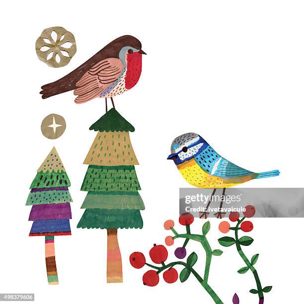 robin and bluetit on christmas trees and cranberry plants - robin stock illustrations