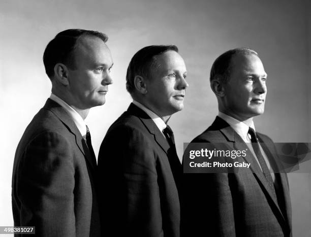 The crew of the Apollo 11 spacecraft, which first landed men on the moon, 1969. Left to right: command module pilot Michael Collins, commander Neil...