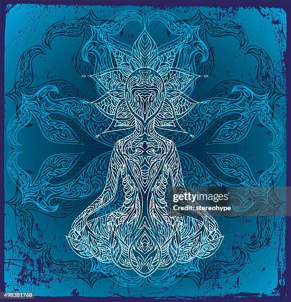 buddha on blue - deep thinking stock illustrations