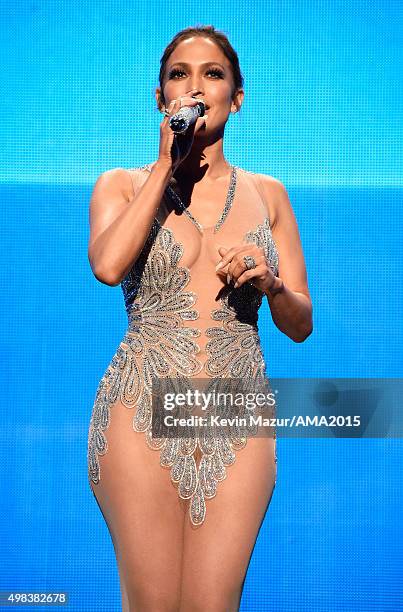 Host Jennifer Lopez speaks onstage during the 2015 American Music Awards at Microsoft Theater on November 22, 2015 in Los Angeles, California.