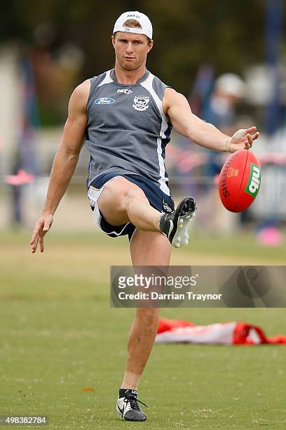 Lachie Henderson kicks the ball during a Geelong Cats AFL pre-season training session at Kardinia Park on November 23, 2015 in Melbourne, Australia.