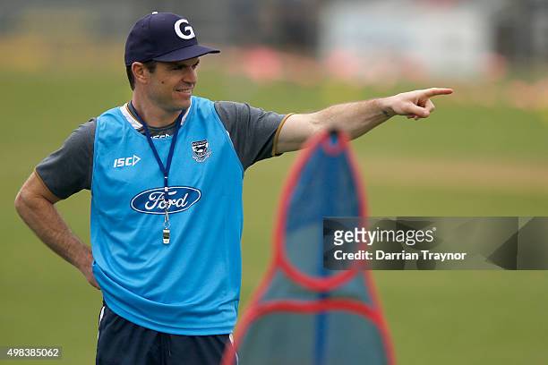 Assidtant coach Matthew Scarlett gives directions during a Geelong Cats AFL pre-season training session at Kardinia Park on November 23, 2015 in...