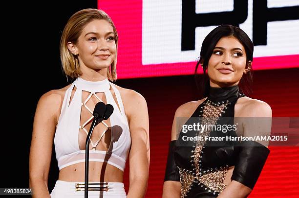 Model Gigi Hadid and TV personality Kylie Jenner speaks onstage during the 2015 American Music Awards at Microsoft Theater on November 22, 2015 in...