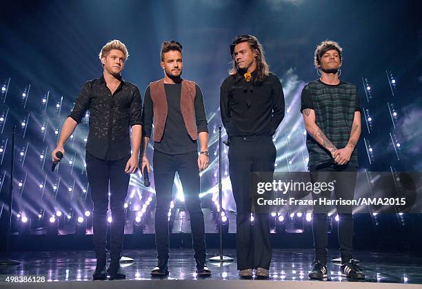 Recording artists Niall Horan, Liam Payne, Harry Styles, and Louis Tomlinson of One Direction perform onstage during the 2015 American Music Awards...
